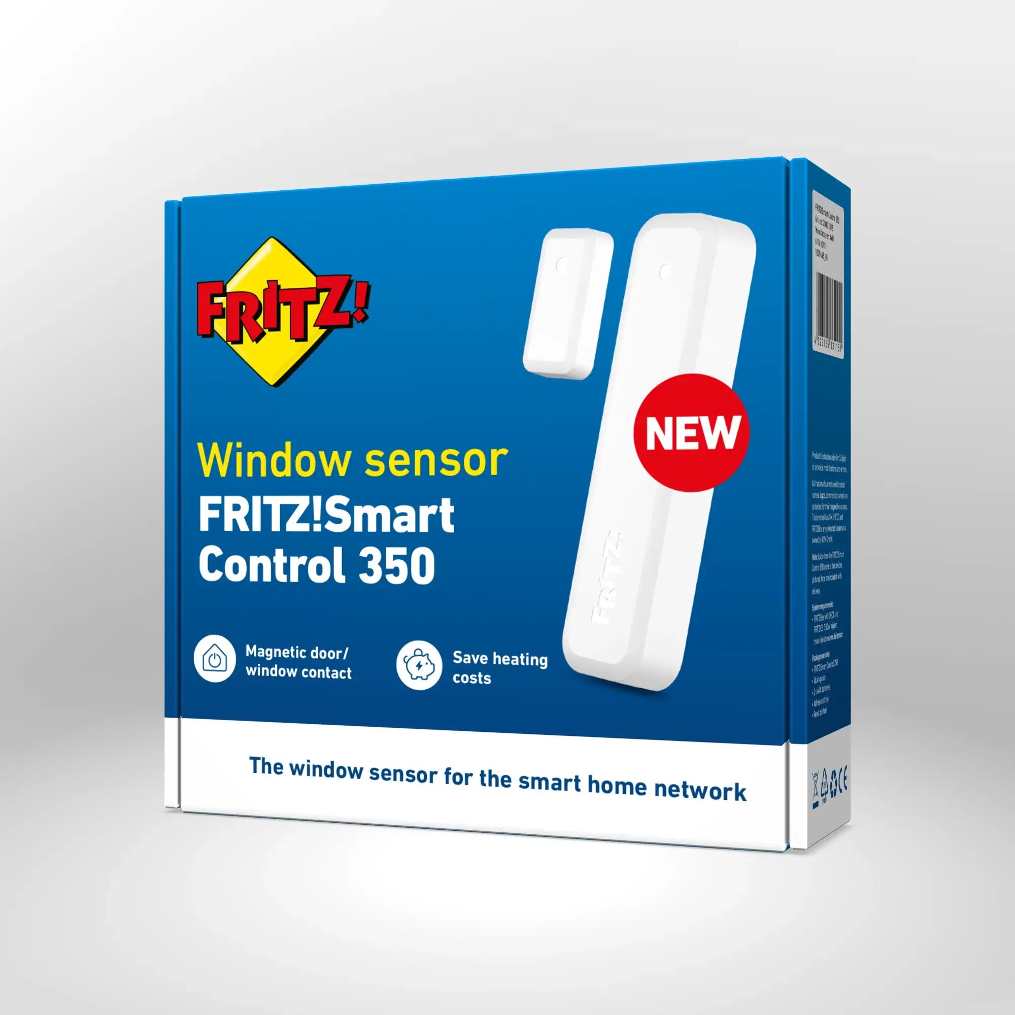 Verpackung des FRITZ!Smart Control 350 auf grauem Hintergrund