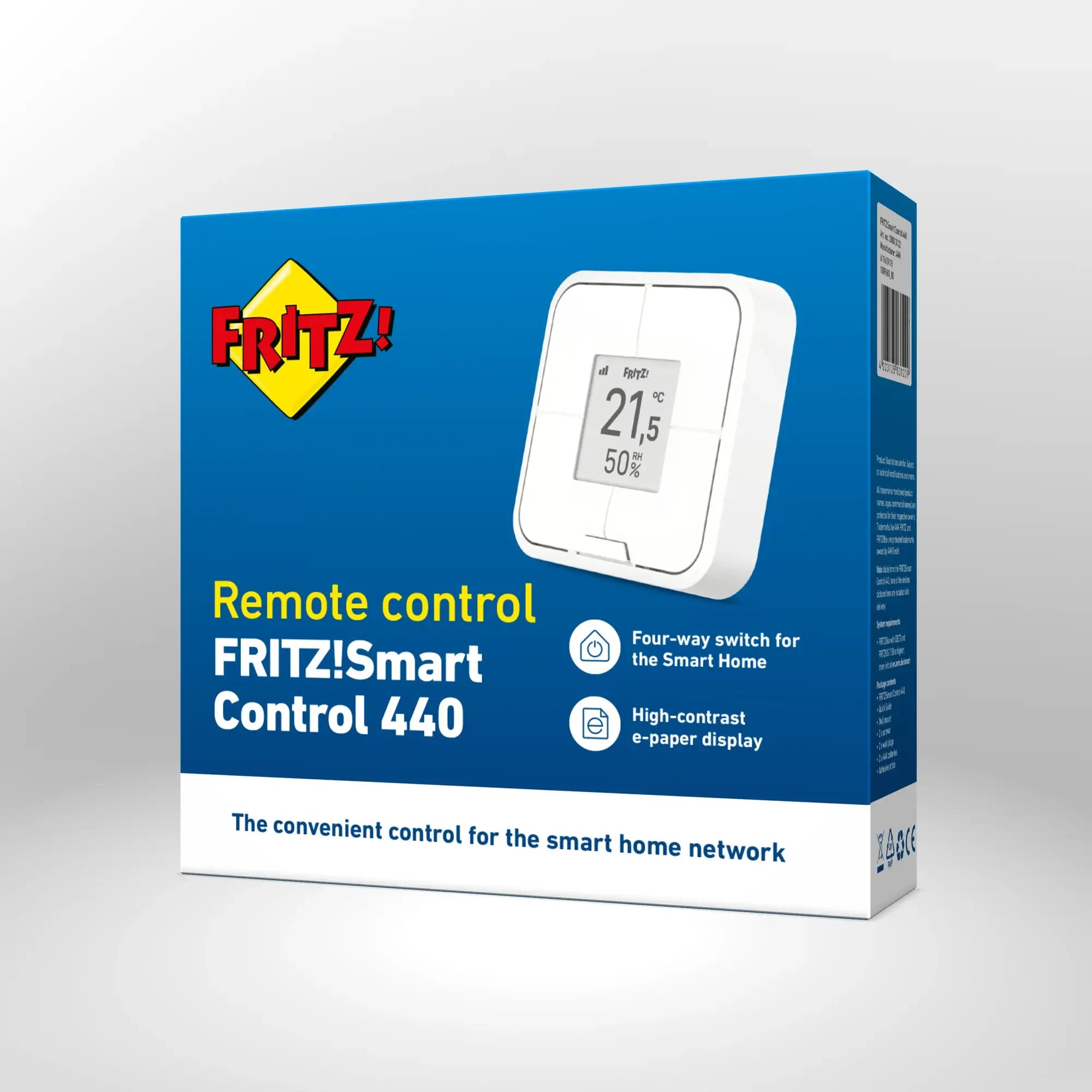 Verpackung des FRITZ!Smart Control 440 auf grauem Hintergrund