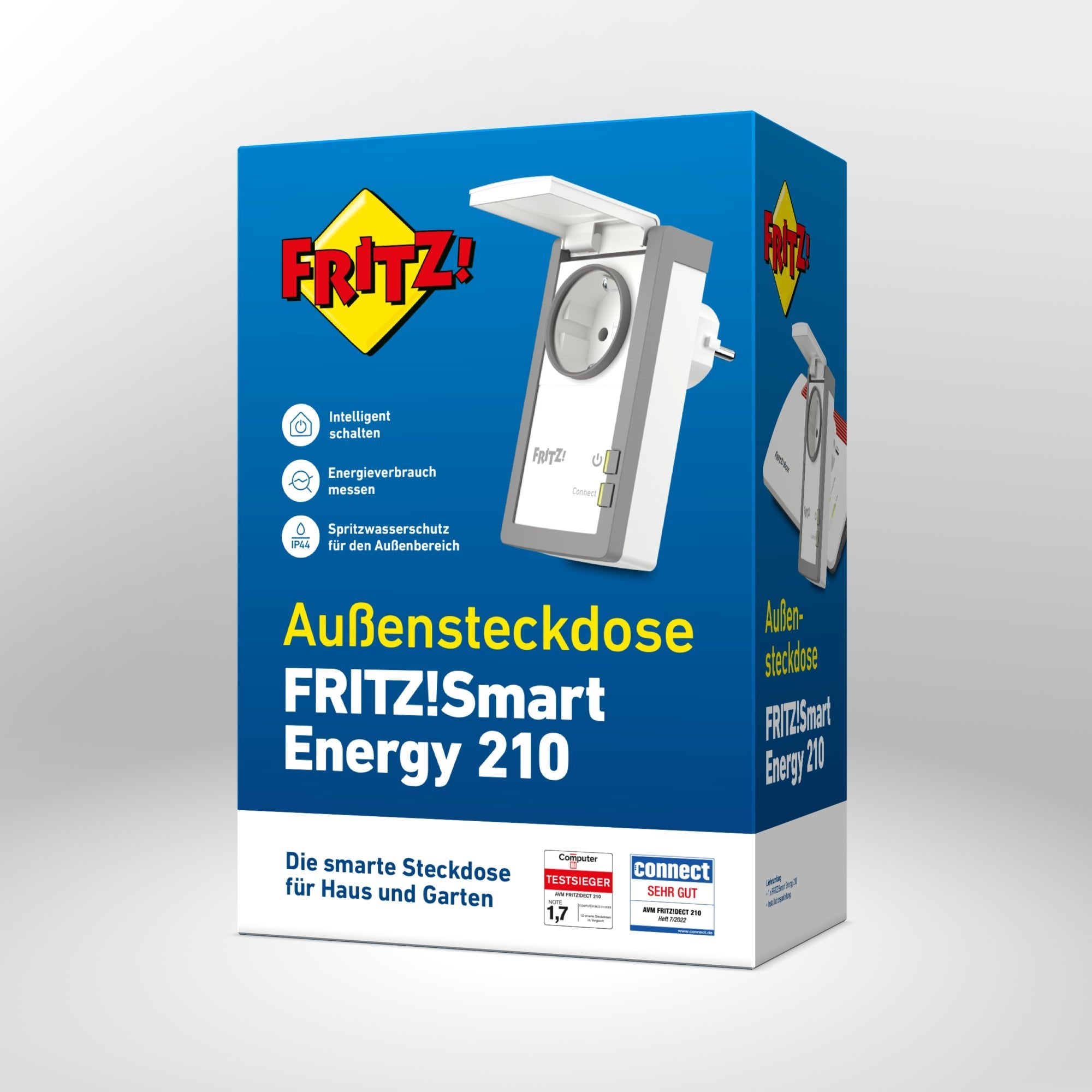 Verpackung von FRITZ!Smart Energy 210 auf grauem Hintergrund