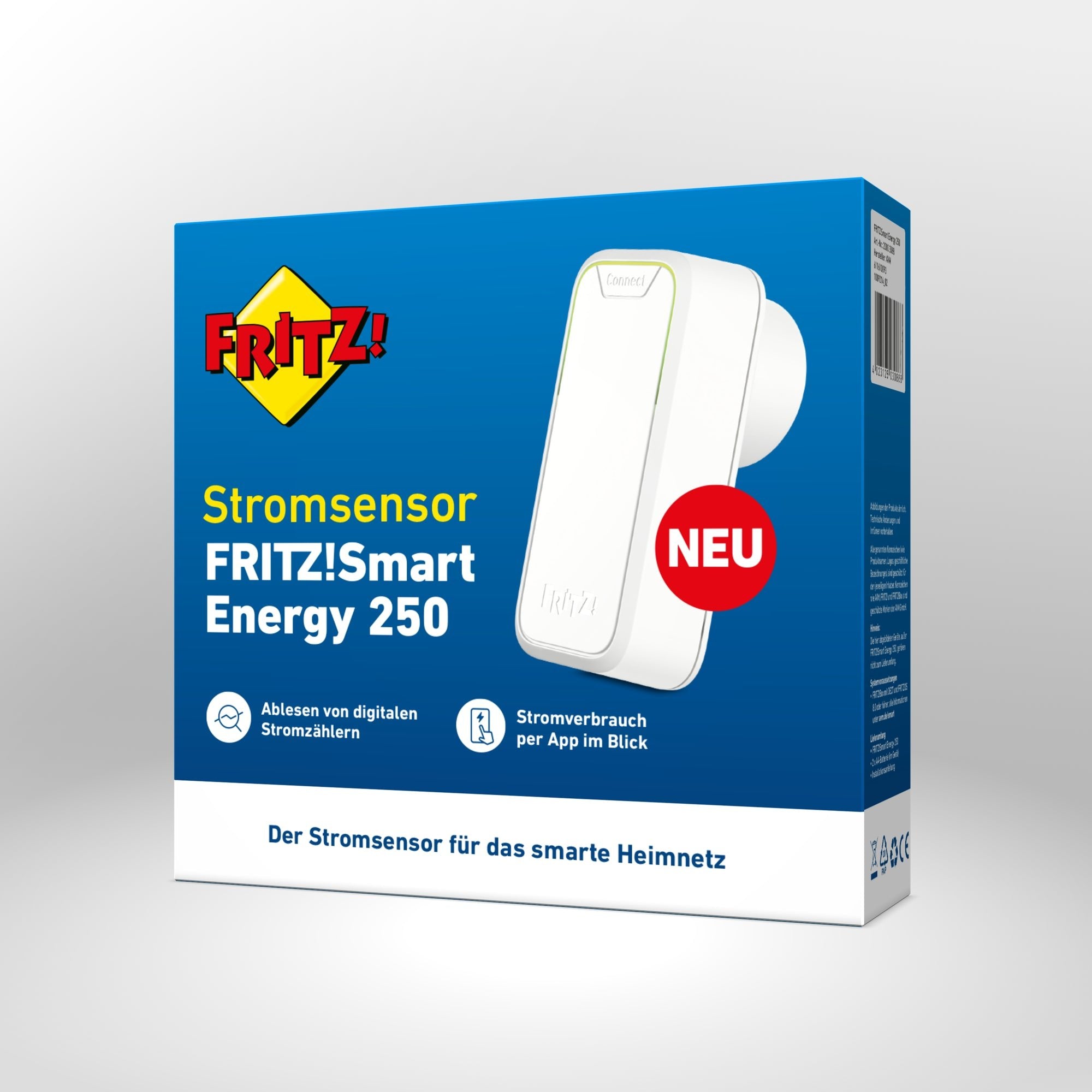 Verpackung von FRITZ!Smart Energy 250 auf grauem Hintergrund