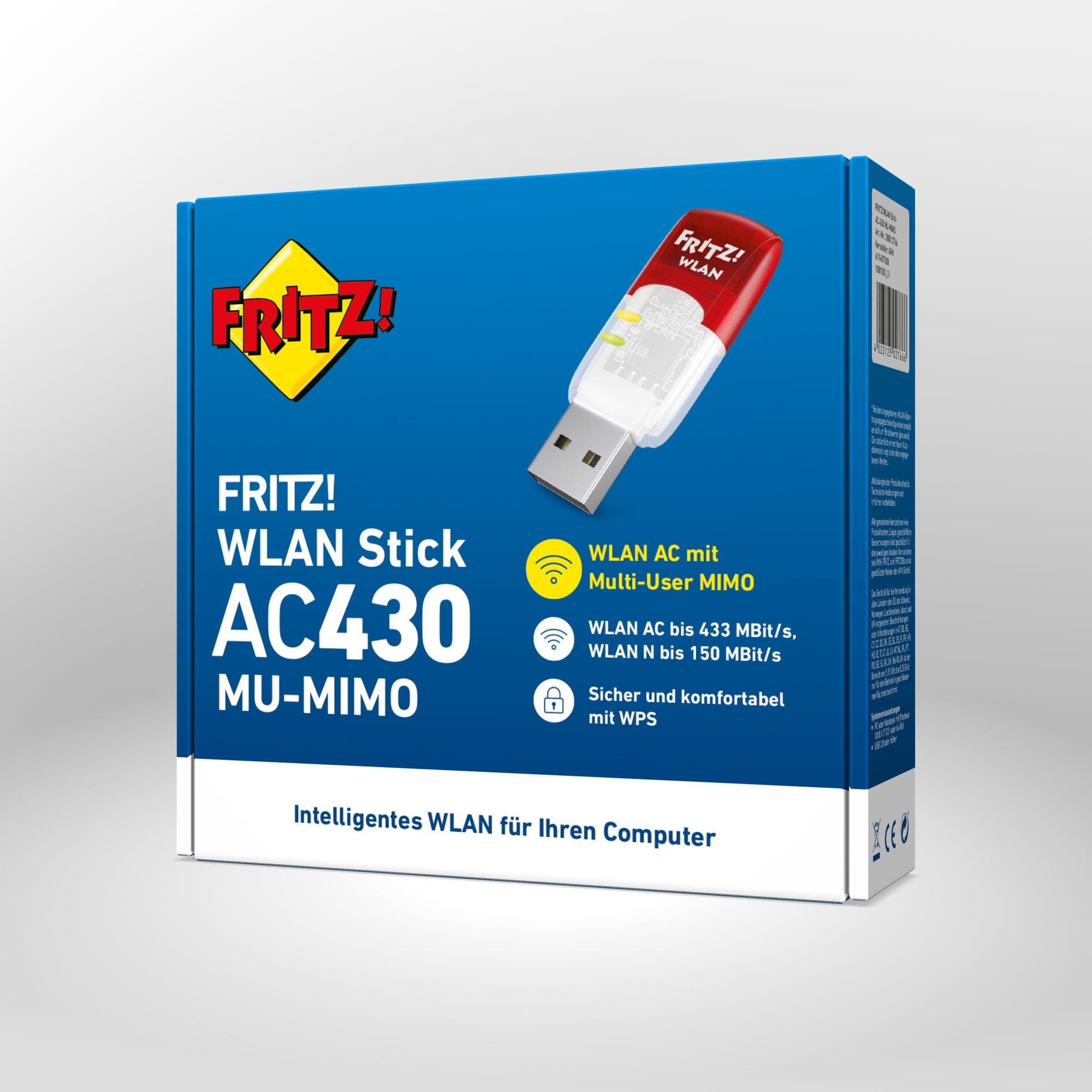 Verpackung von FRITZ!WLAN Stick AC 430 MU-MIMO auf grauem Hintergrund