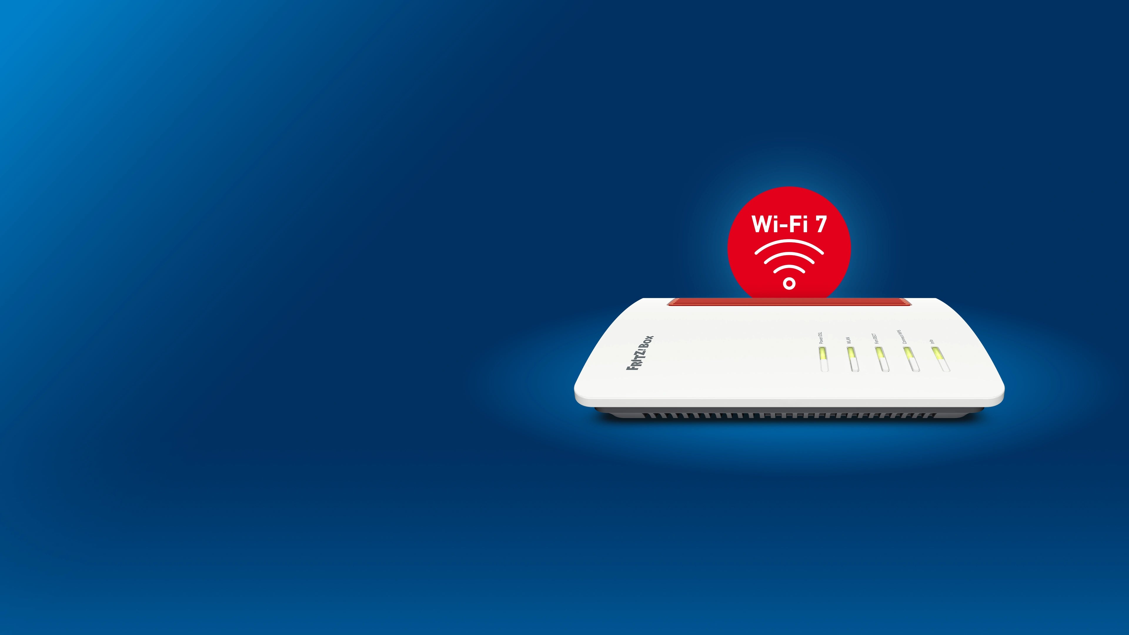 Modem mit Wi-Fi 7 und Signalanzeige auf blauem Hintergrund, ideal für schnelles Internet.