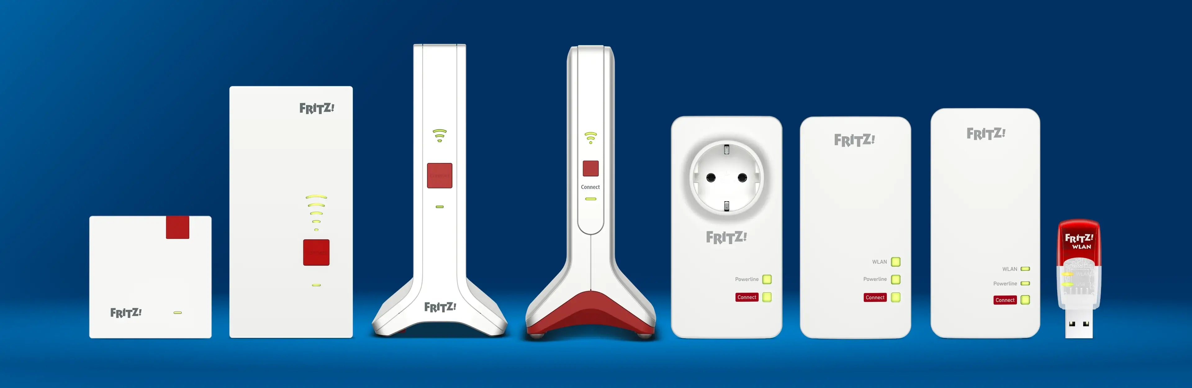 Verschiedene Zyxel Geräte, einschließlich WLAN-Adapter und Smart Home Steckdose, auf blauem Hintergrund.